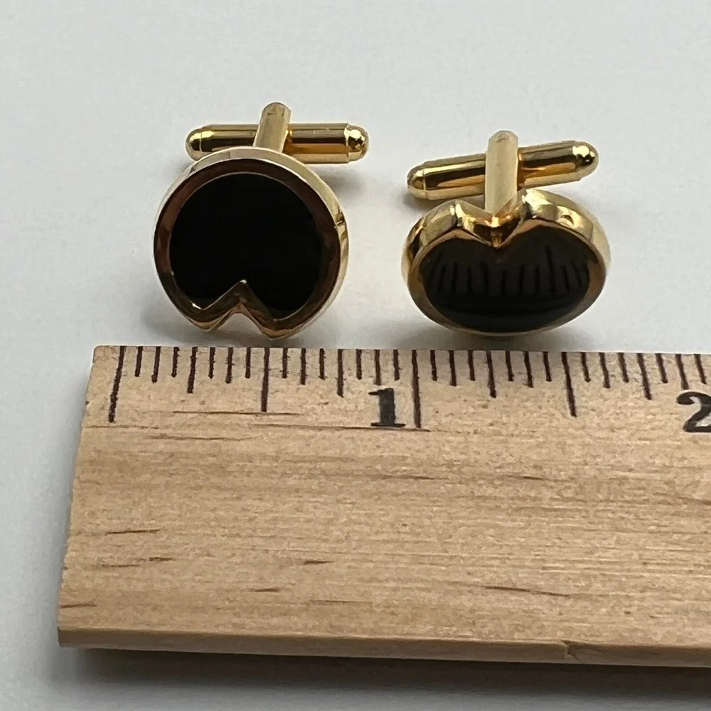 Vintage 80s Cuff Links Art Deco Black Enamel Gold Tone Cuff Studs